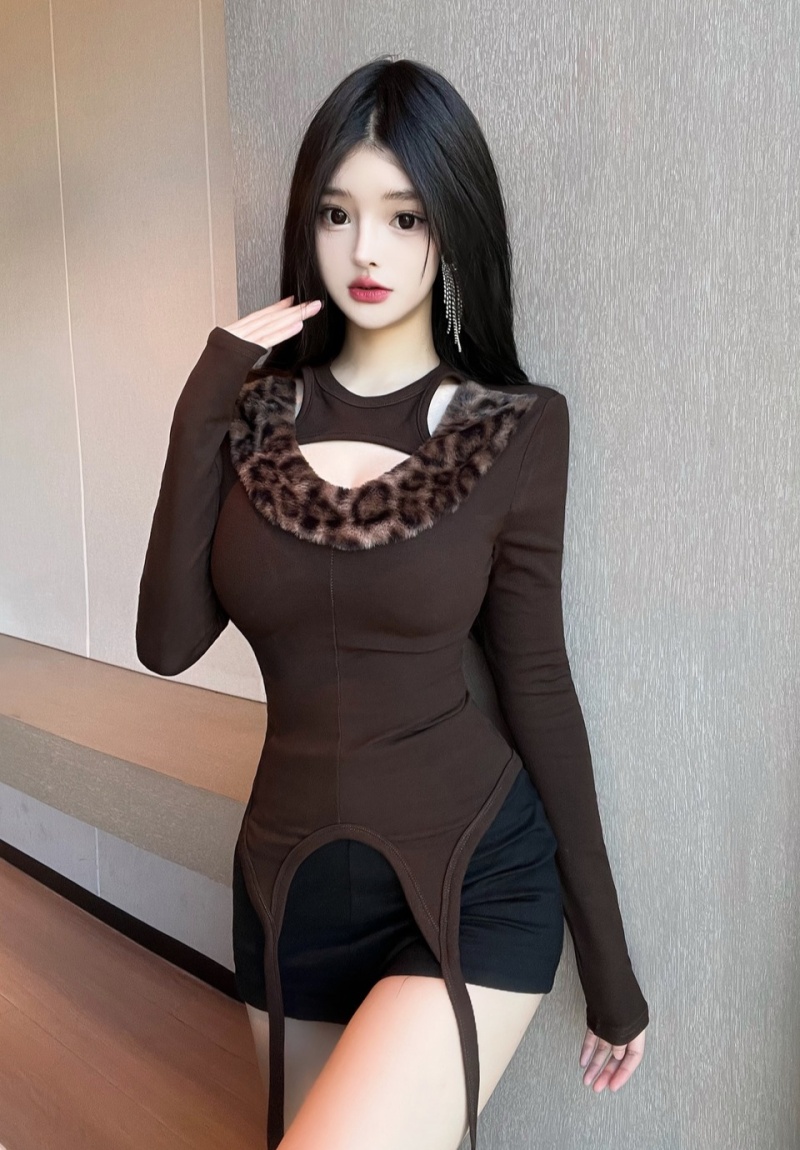 Slim bottoming T-shirt fur collar tops for women