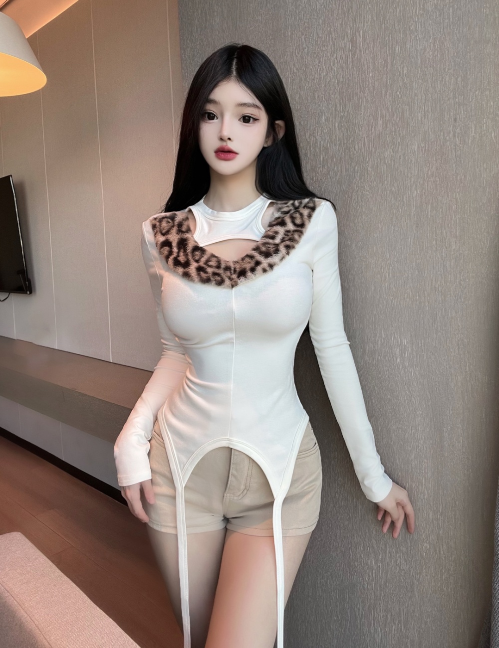 Slim bottoming T-shirt fur collar tops for women