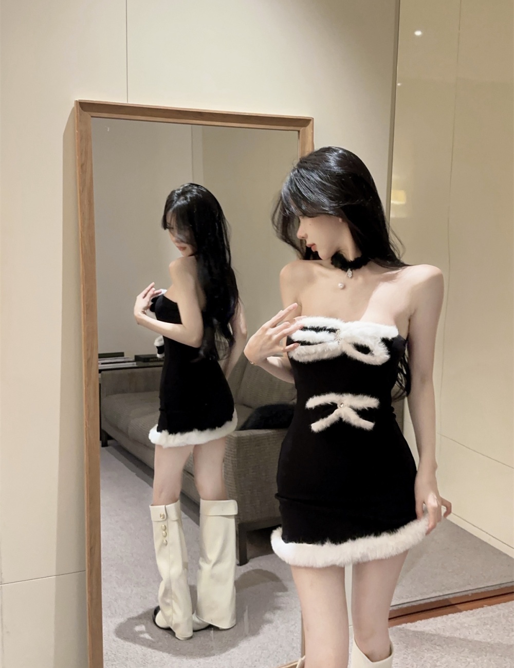 Elmo white velvet stitching scarf mixed colors enticement dress