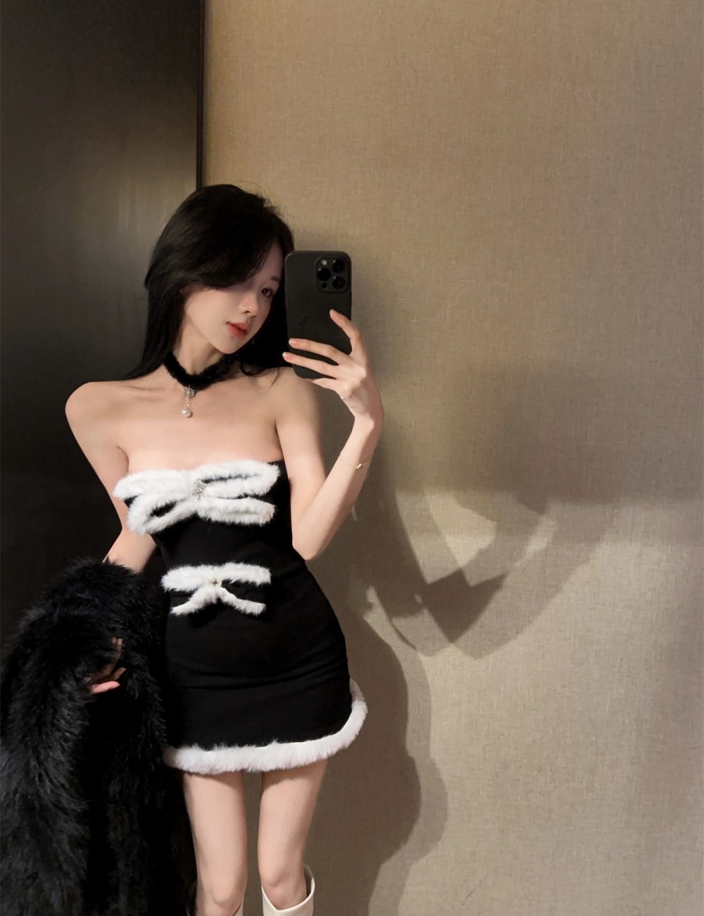 Elmo white velvet stitching scarf mixed colors enticement dress