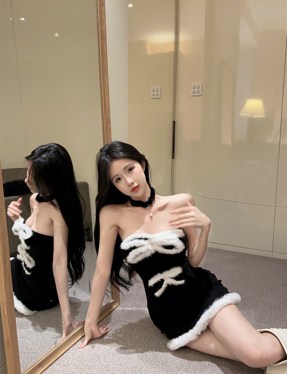 Elmo white velvet stitching scarf mixed colors enticement dress