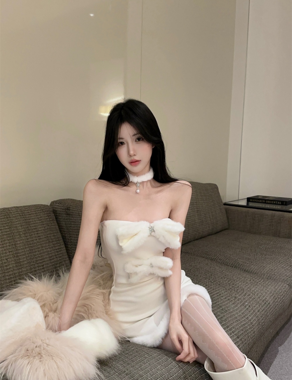 Elmo white velvet stitching scarf mixed colors enticement dress