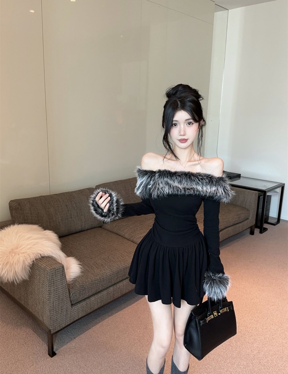 Strapless autumn and winter pinched waist dress