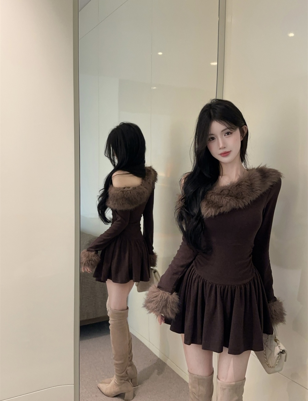 Strapless autumn and winter pinched waist dress