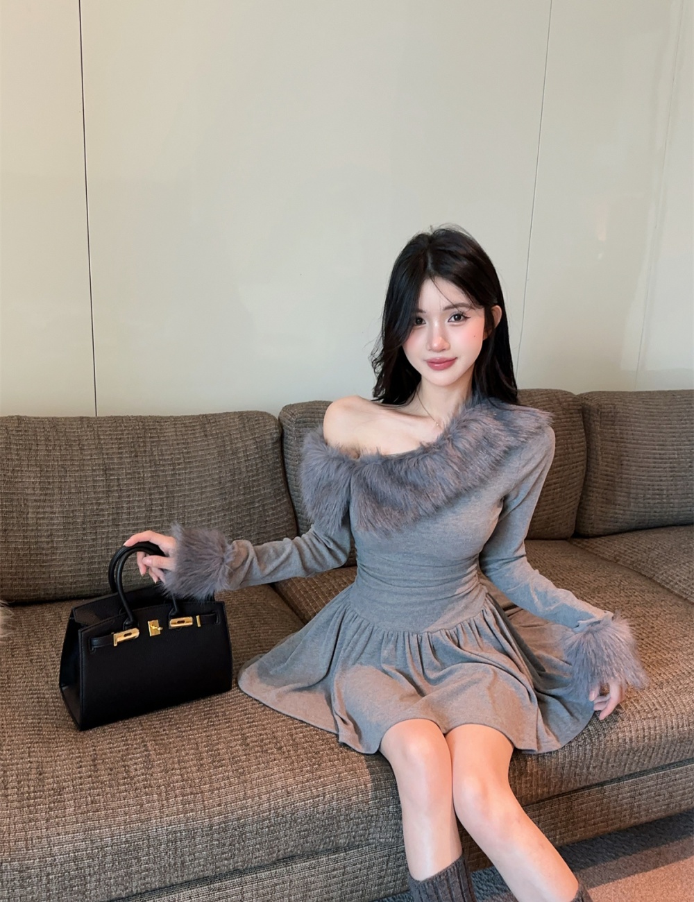 Strapless autumn and winter pinched waist dress