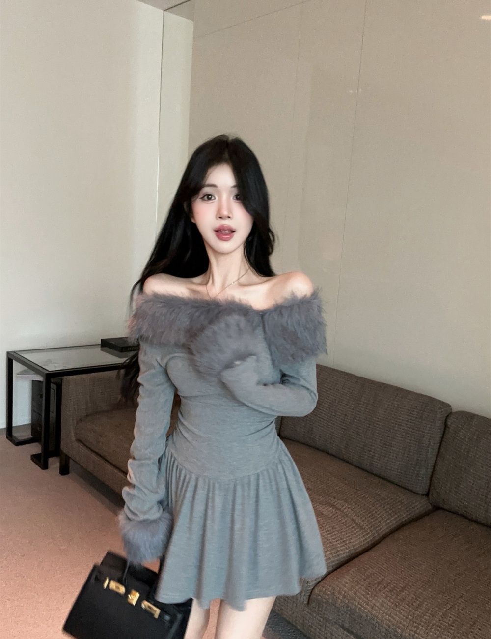 Strapless autumn and winter pinched waist dress