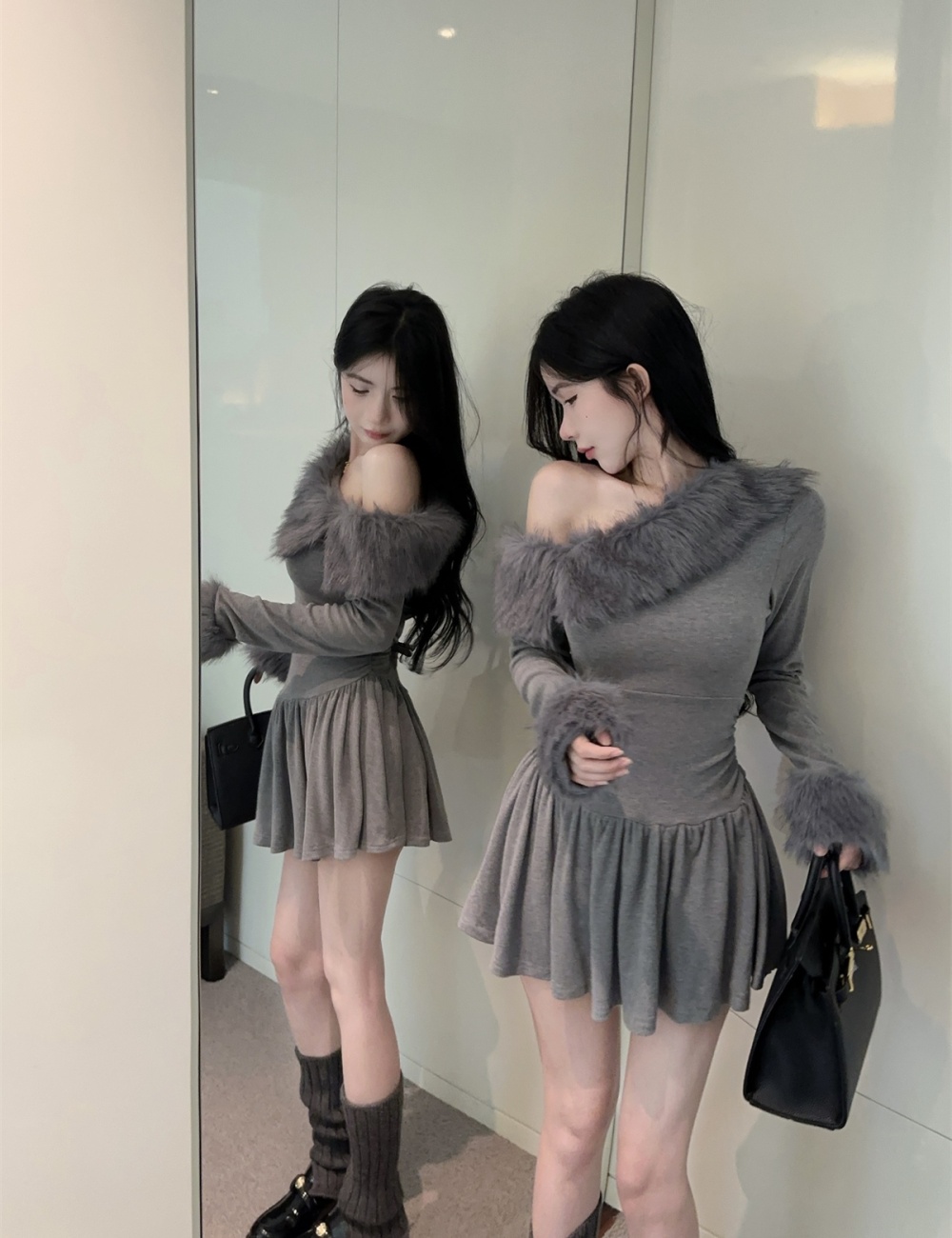 Strapless autumn and winter pinched waist dress