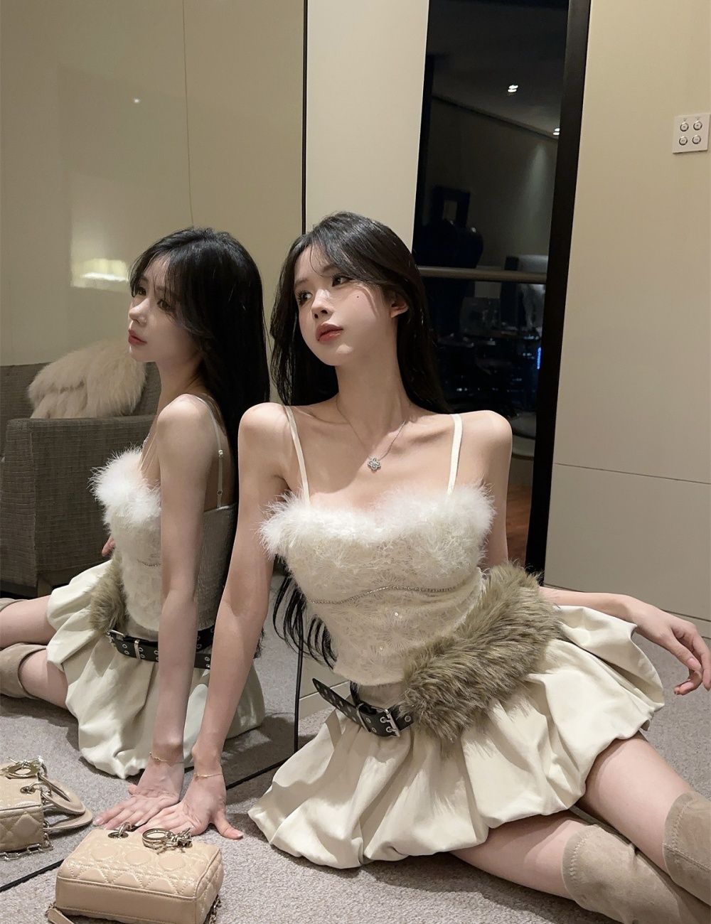 Lace wrapped chest tops enticement short skirt a set