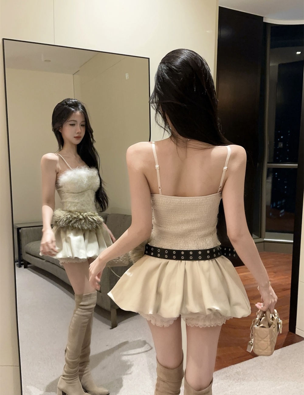 Lace wrapped chest tops enticement short skirt a set