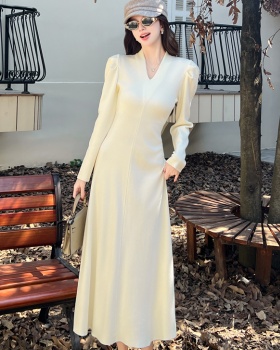 Puff sleeve V-neck long dress inside the ride dress for women