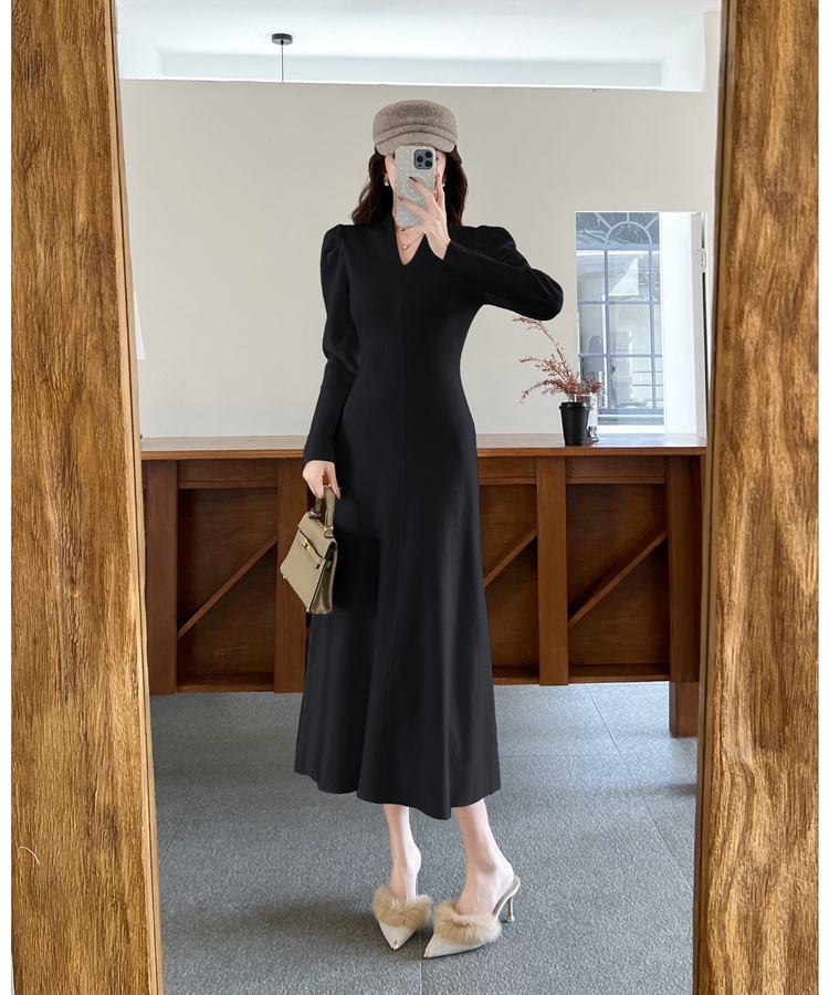 Puff sleeve V-neck long dress inside the ride dress for women