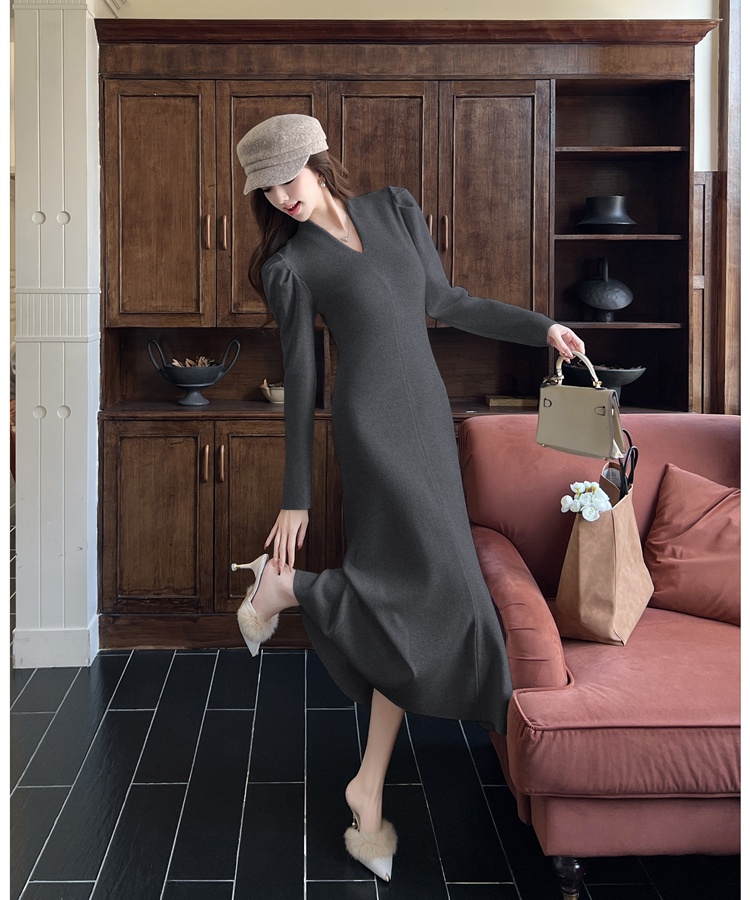 Puff sleeve V-neck long dress inside the ride dress for women