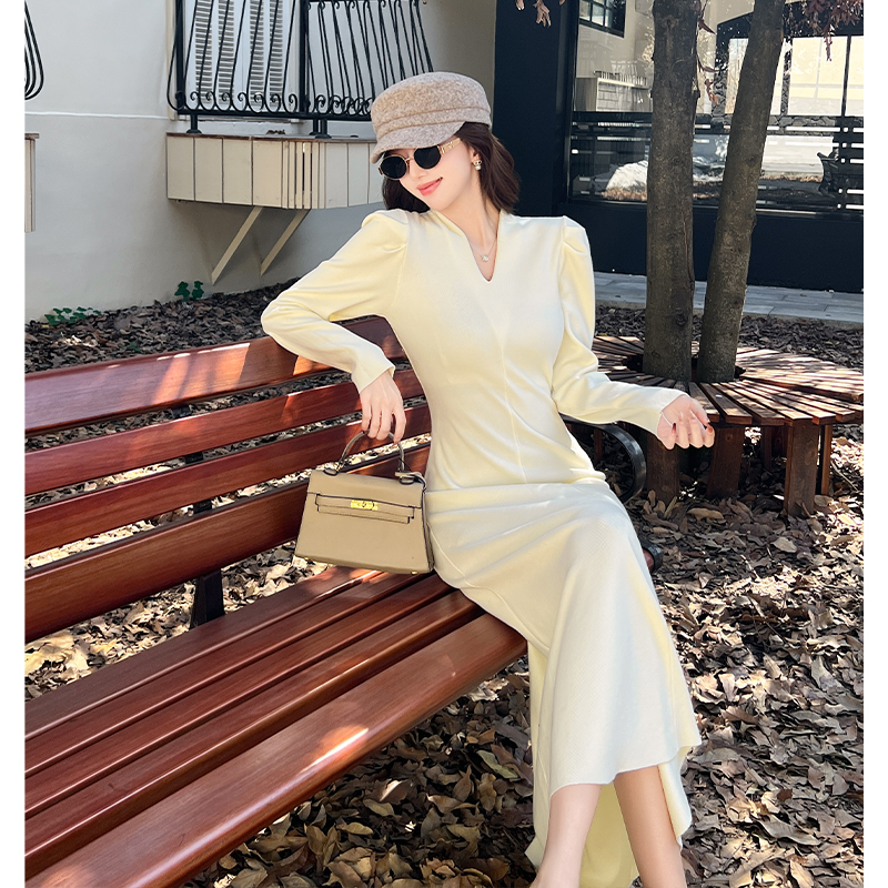 Puff sleeve V-neck long dress inside the ride dress for women