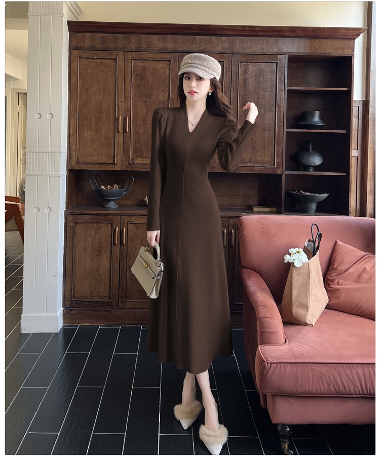 Puff sleeve V-neck long dress inside the ride dress for women