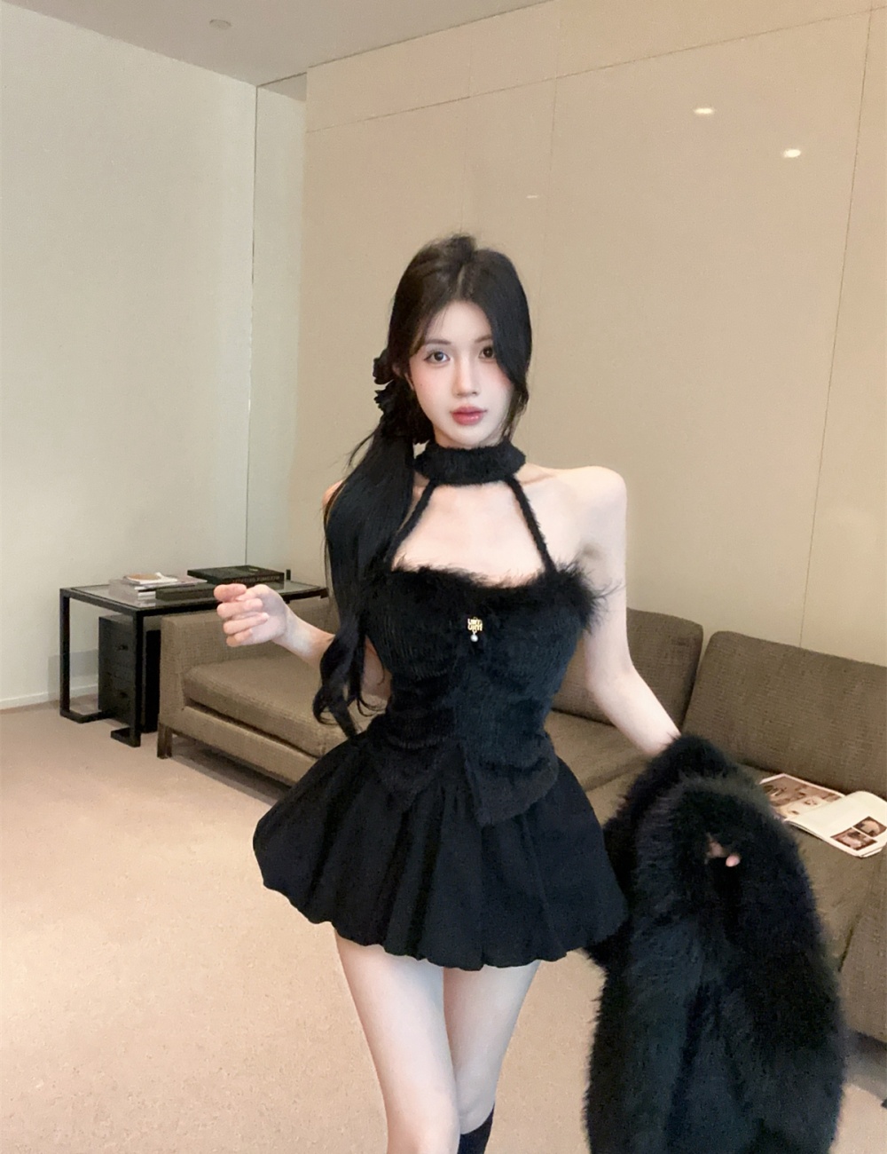 Plush sweet niche enticement wrapped chest halter slim tops