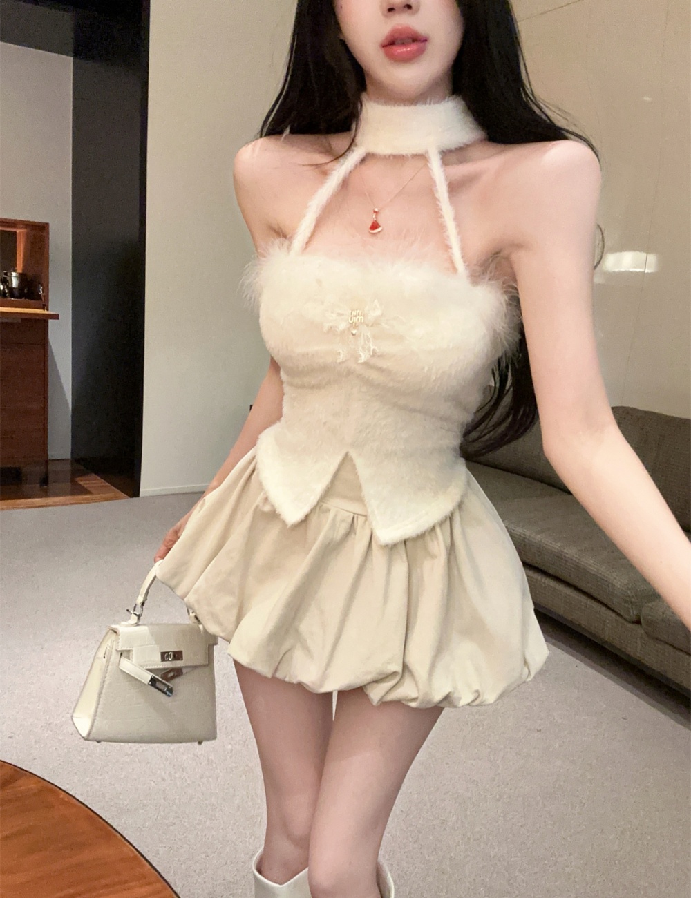 Plush sweet niche enticement wrapped chest halter slim tops