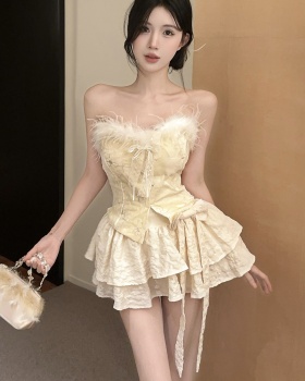 Embroidery enticement tops sweet bow puff skirt a set