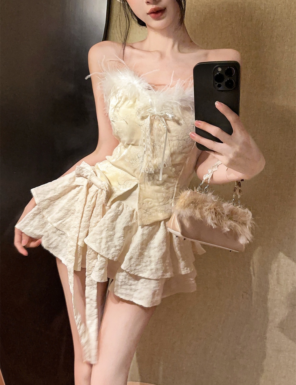 Embroidery enticement tops sweet bow puff skirt a set