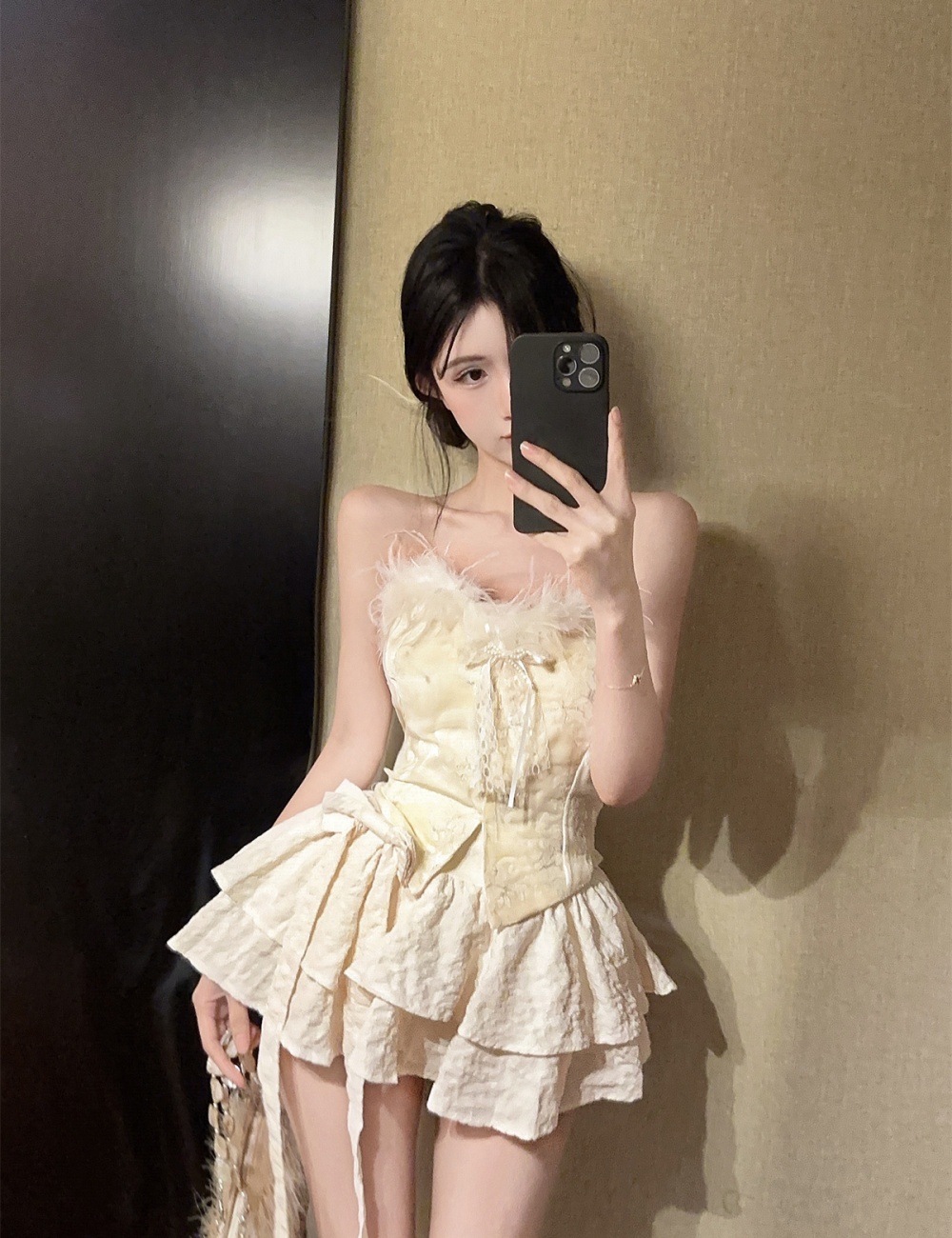 Embroidery enticement tops sweet bow puff skirt a set