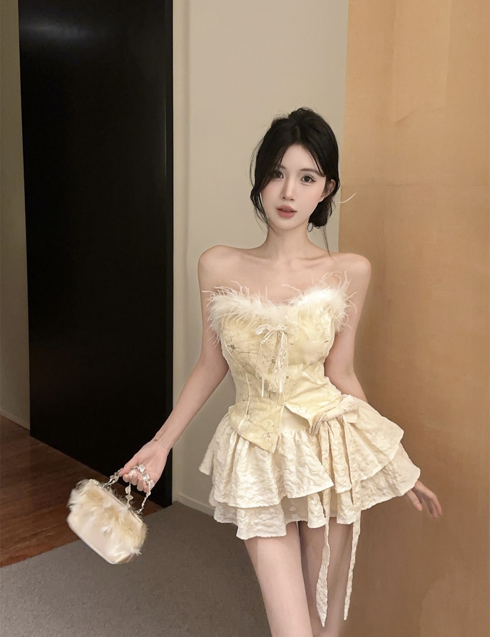 Embroidery enticement tops sweet bow puff skirt a set