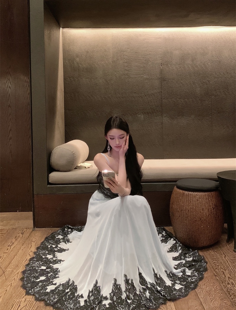 Lace chiffon lady dress big skirt pinched waist dress