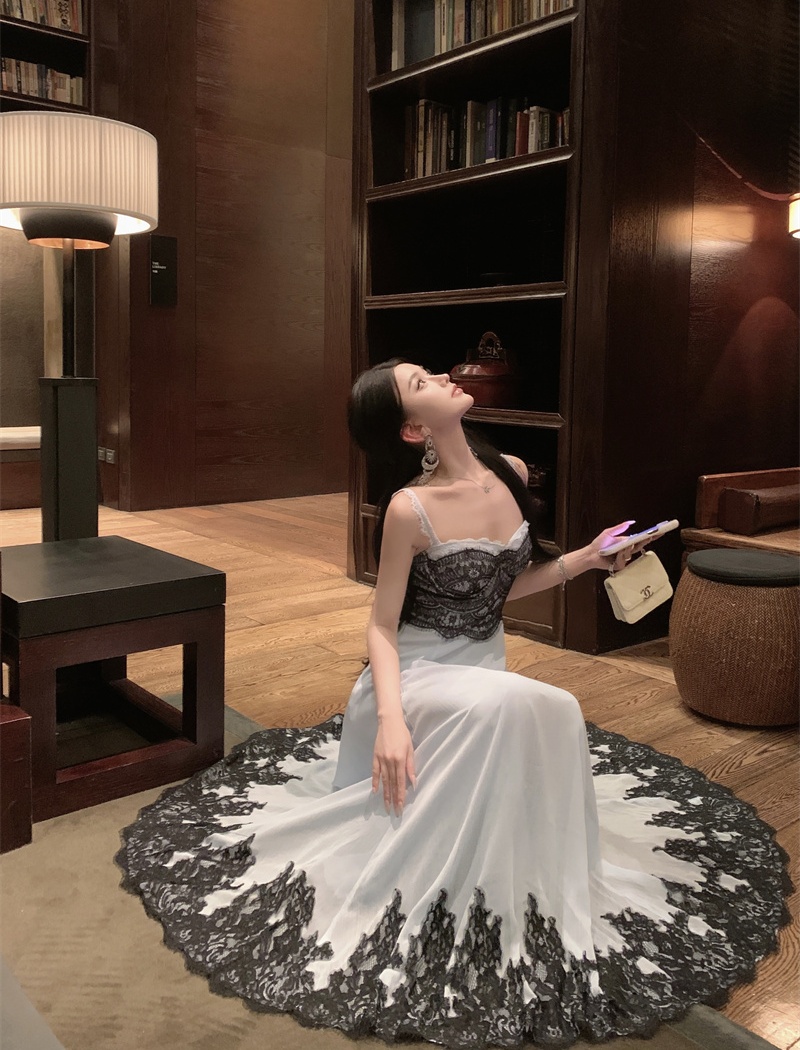 Lace chiffon lady dress big skirt pinched waist dress