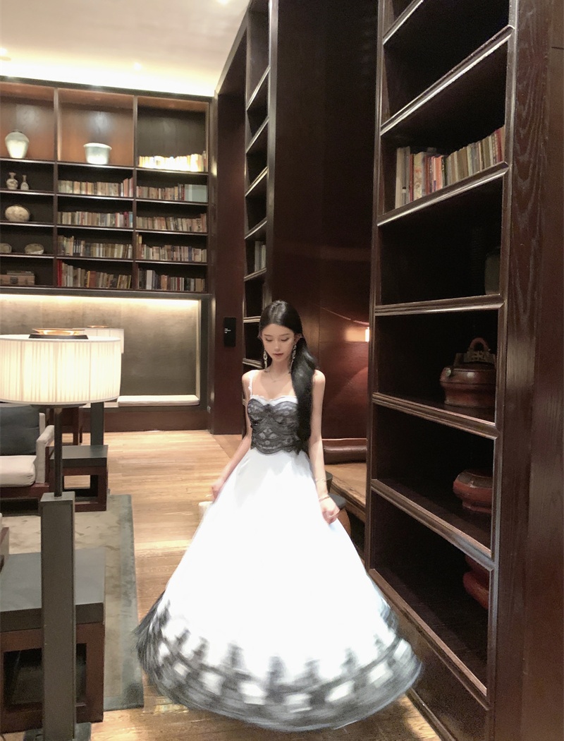 Lace chiffon lady dress big skirt pinched waist dress