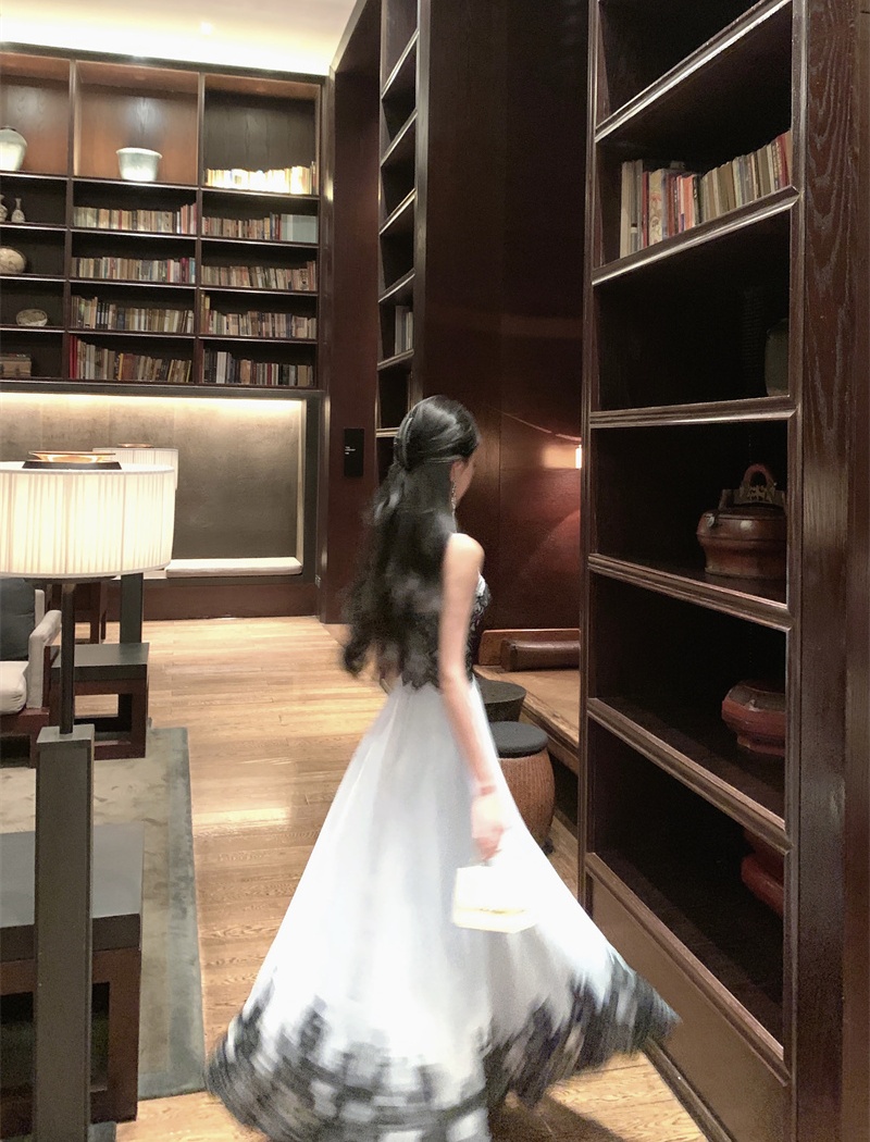 Lace chiffon lady dress big skirt pinched waist dress