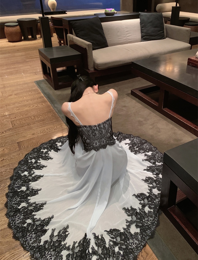 Lace chiffon lady dress big skirt pinched waist dress