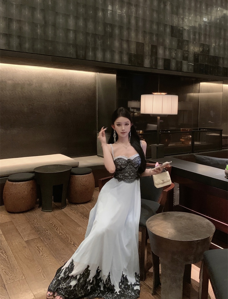 Lace chiffon lady dress big skirt pinched waist dress