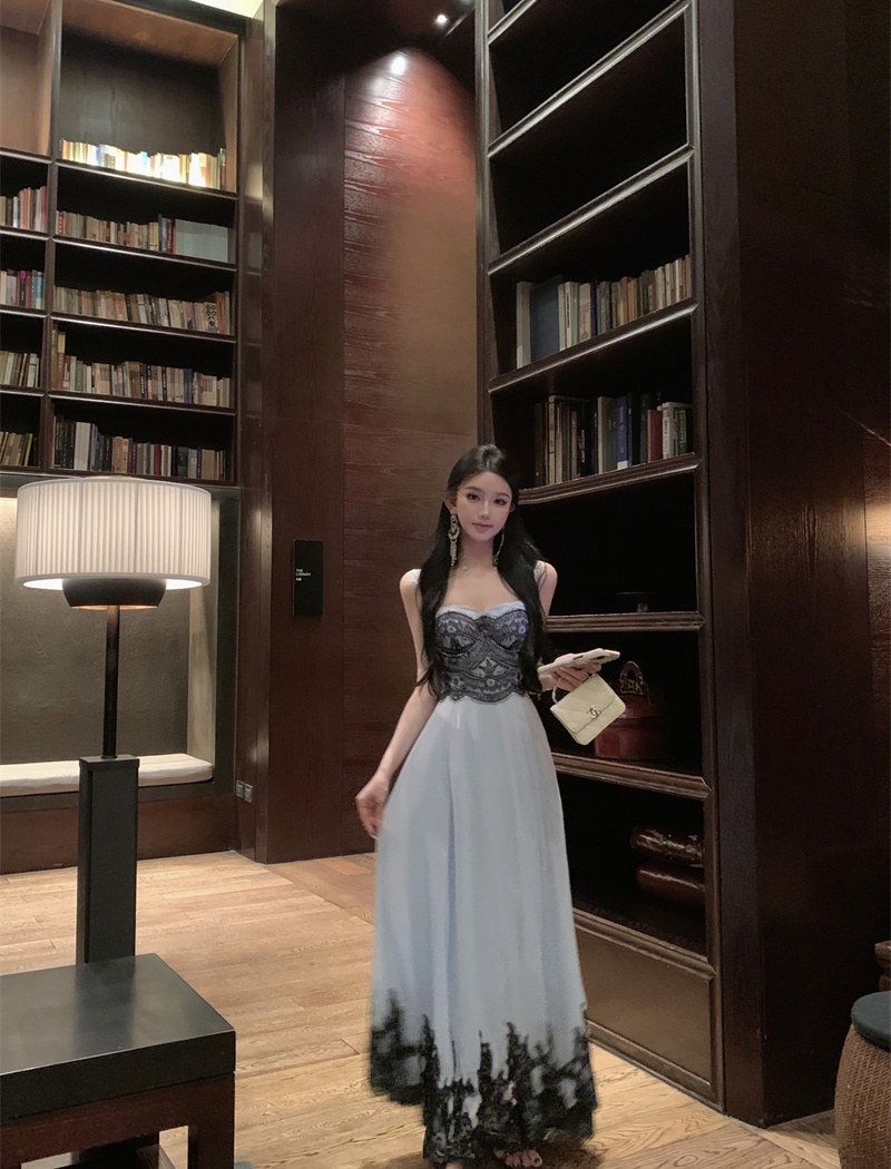 Lace chiffon lady dress big skirt pinched waist dress