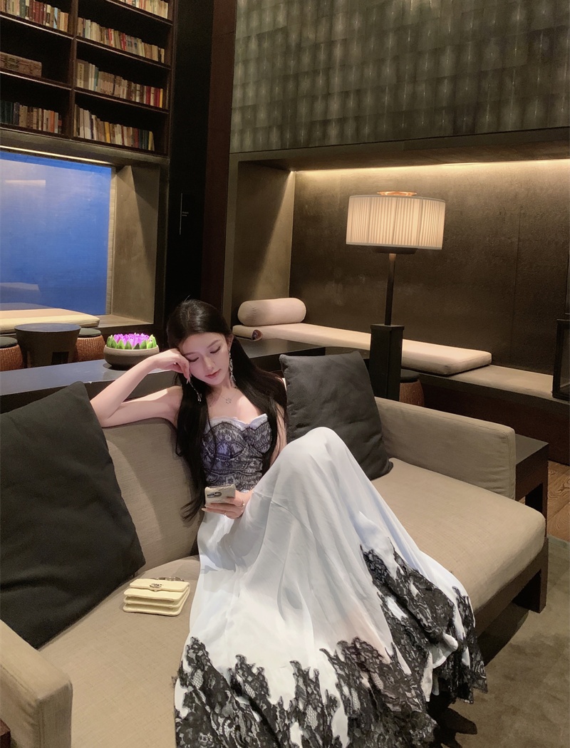 Lace chiffon lady dress big skirt pinched waist dress