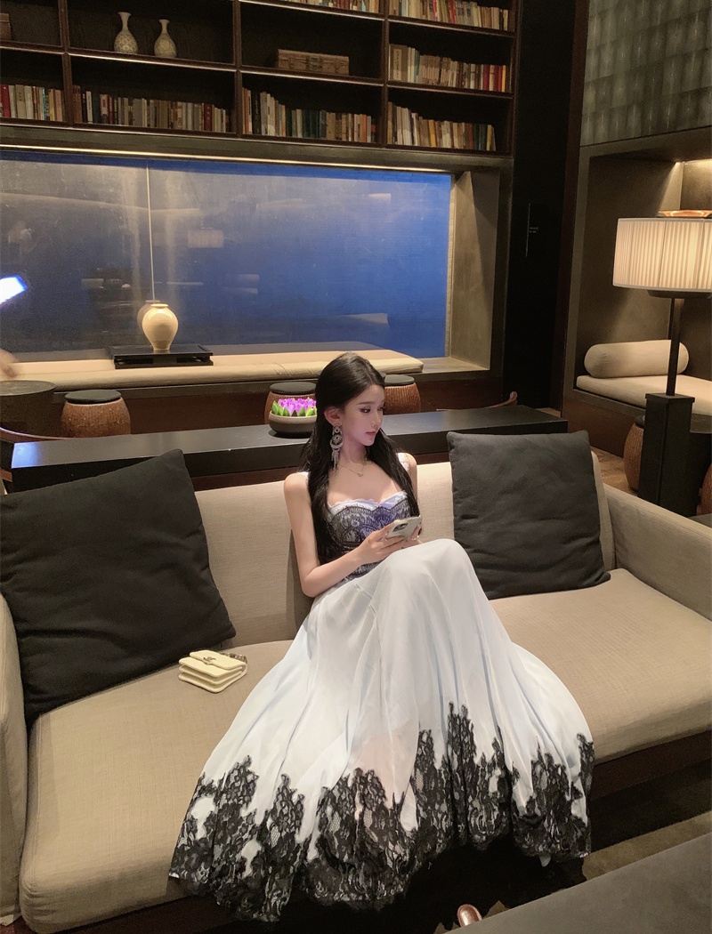 Lace chiffon lady dress big skirt pinched waist dress