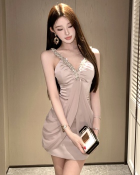 V-neck ladies T-back rhinestone dress for women