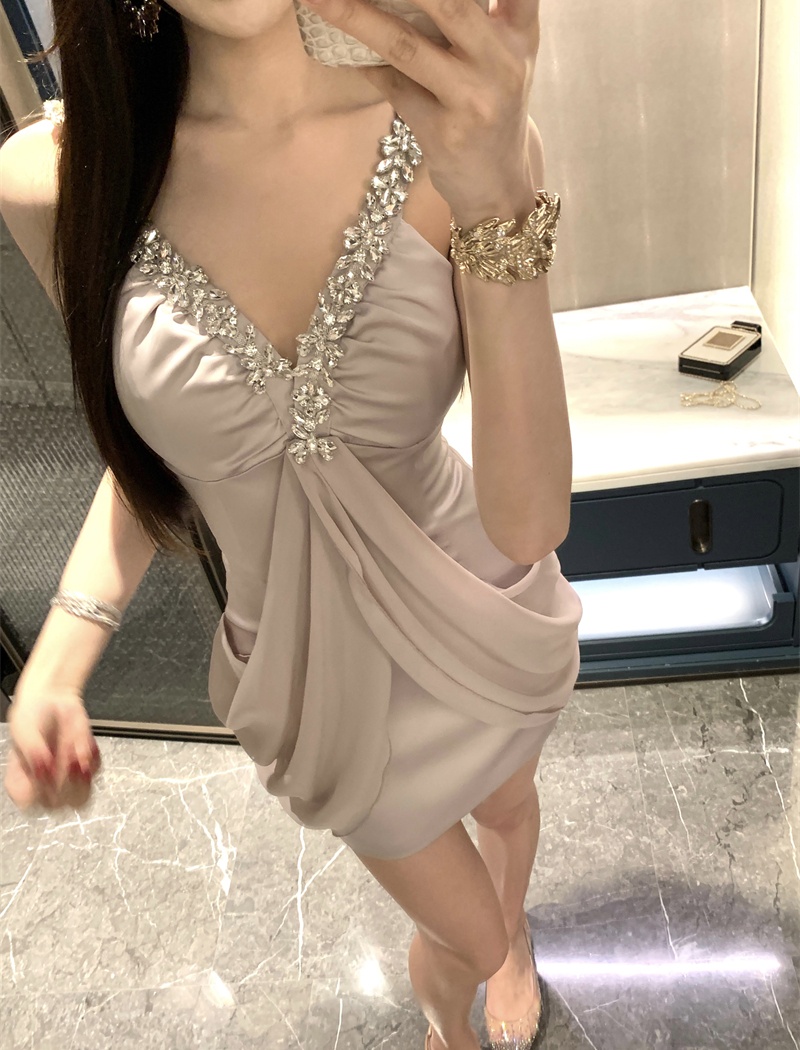 V-neck ladies T-back rhinestone dress for women