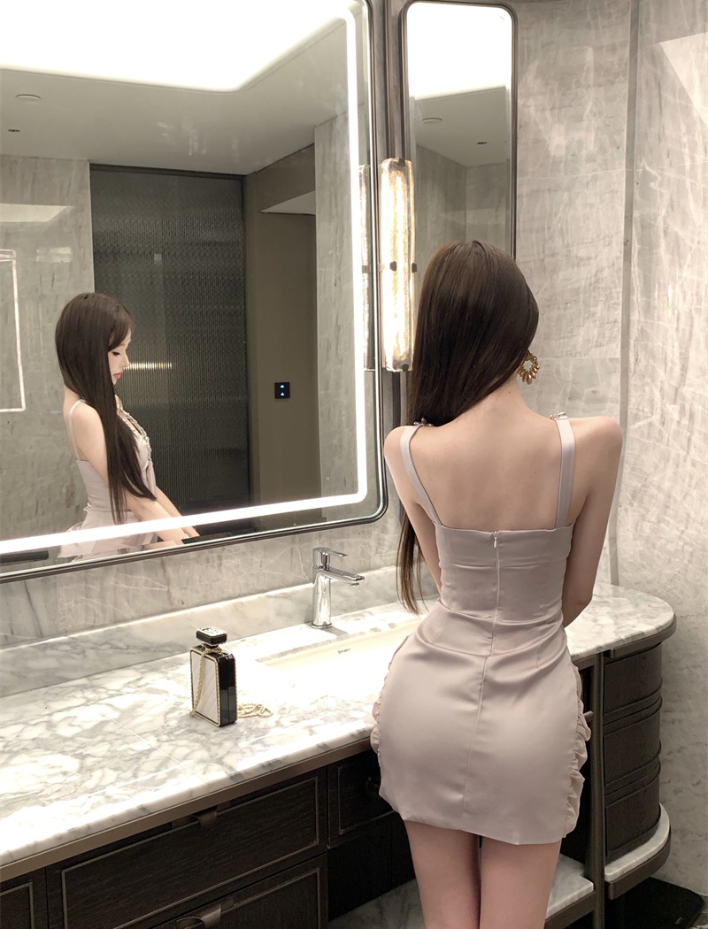 V-neck ladies T-back rhinestone dress for women