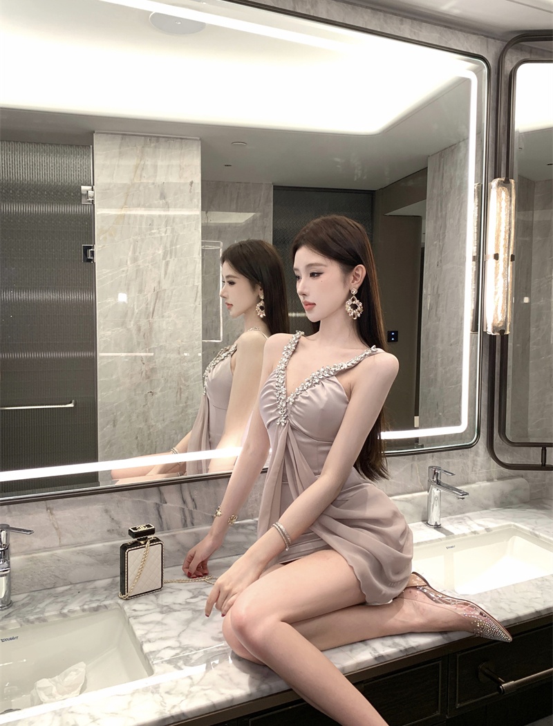 V-neck ladies T-back rhinestone dress for women