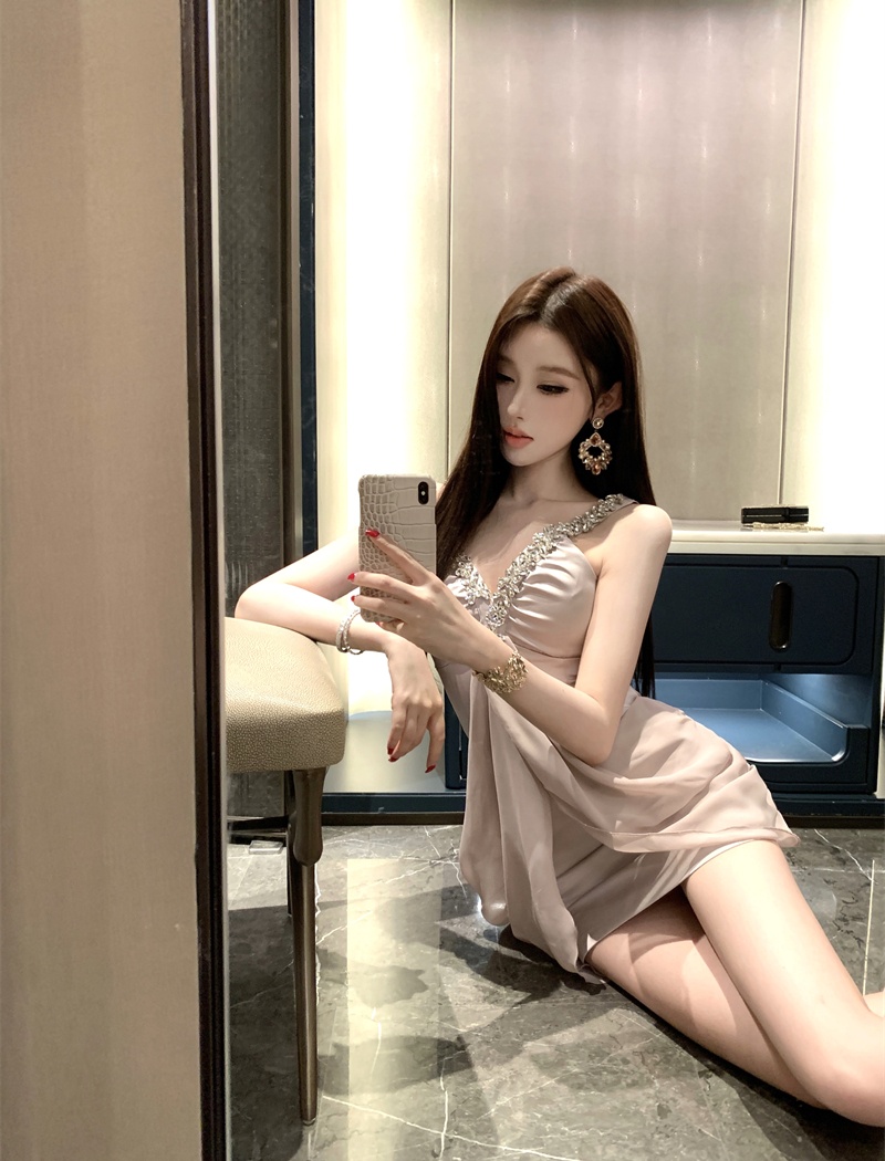 V-neck ladies T-back rhinestone dress for women