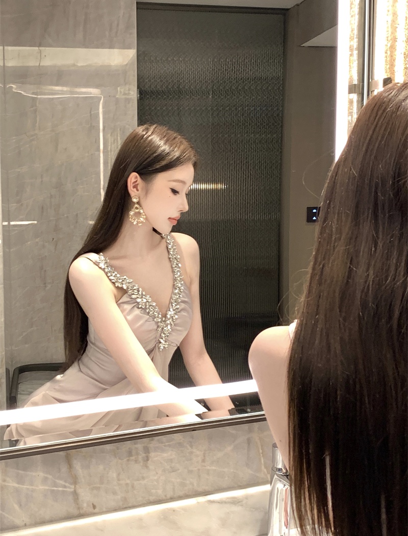 V-neck ladies T-back rhinestone dress for women