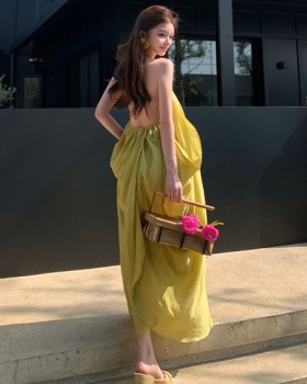 Yellow sling vacation dress halter summer long dress for women