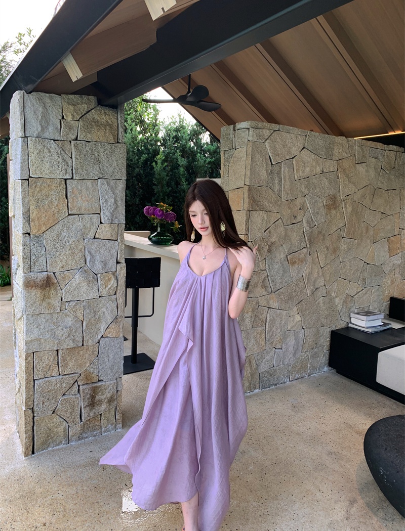 Yellow sling vacation dress halter summer long dress for women