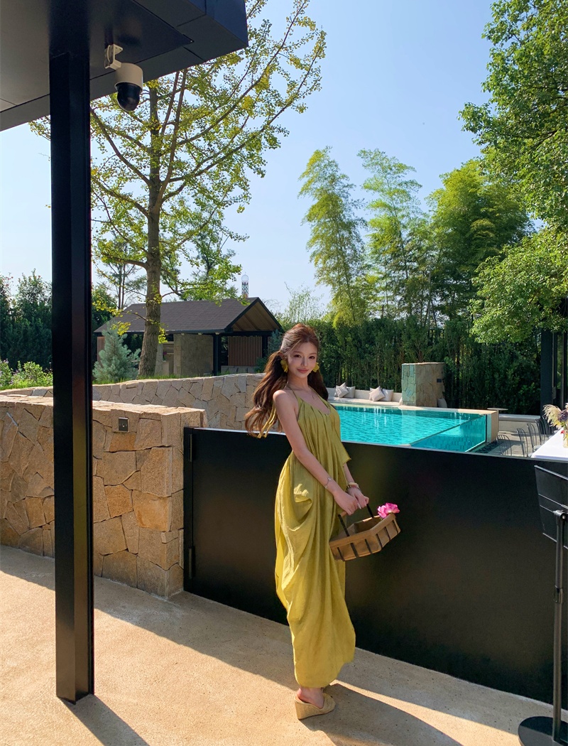 Yellow sling vacation dress halter summer long dress for women