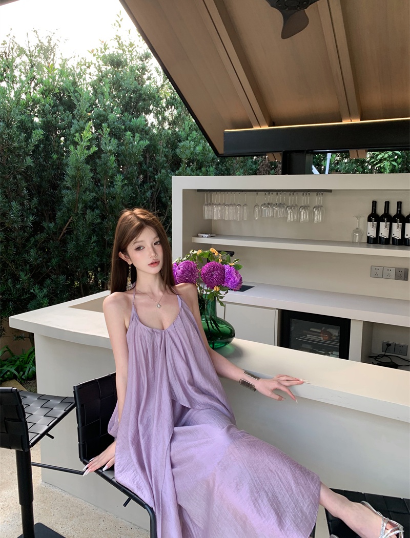 Yellow sling vacation dress halter summer long dress for women