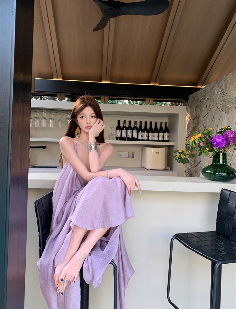 Yellow sling vacation dress halter summer long dress for women