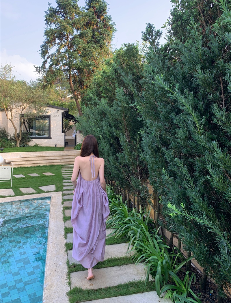 Yellow sling vacation dress halter summer long dress for women