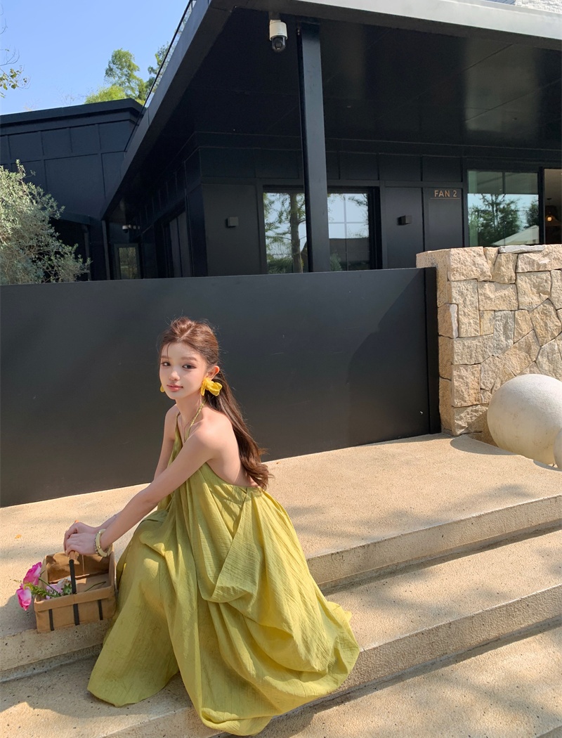Yellow sling vacation dress halter summer long dress for women