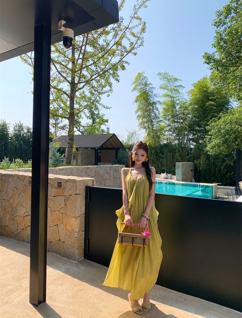 Yellow sling vacation dress halter summer long dress for women