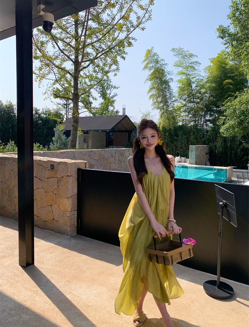 Yellow sling vacation dress halter summer long dress for women