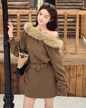 Fur collar retro hoodie flat shoulder unique skirt