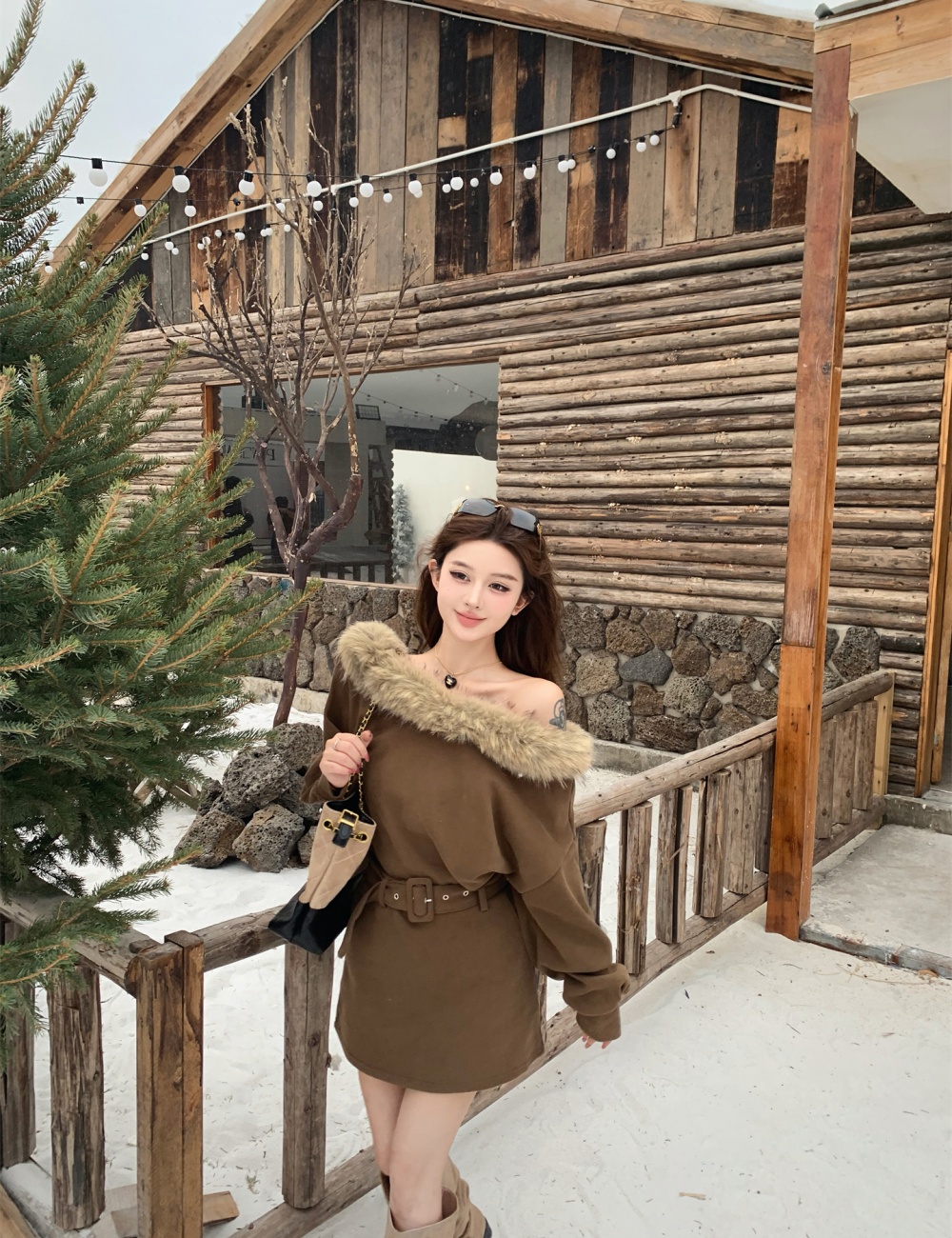 Fur collar retro hoodie flat shoulder unique skirt